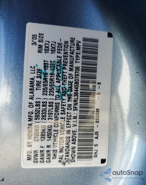 2005 Honda Odyssey Ex from USA, damaged, VIN 5FNRL38445B079706